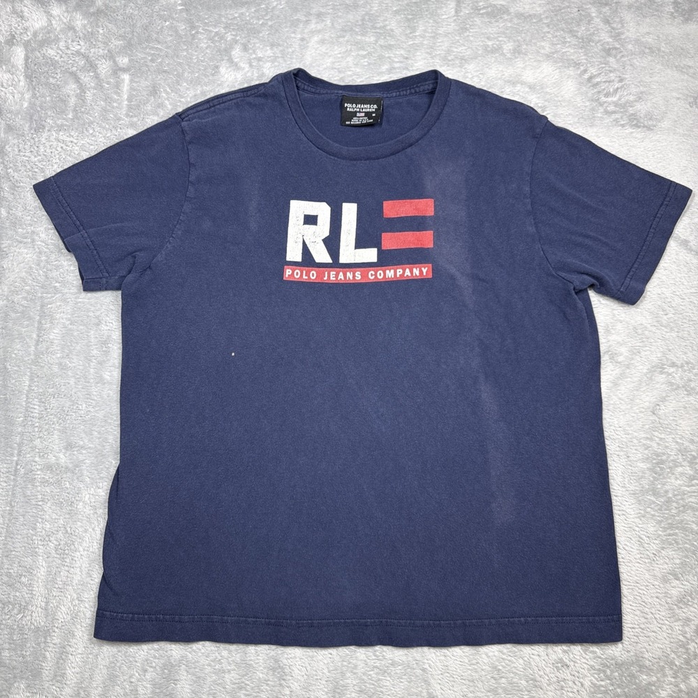 Vintage Ralph Lauren Polo Jean Co Shirt Women M Blue Faded Distress Flag USA 90s